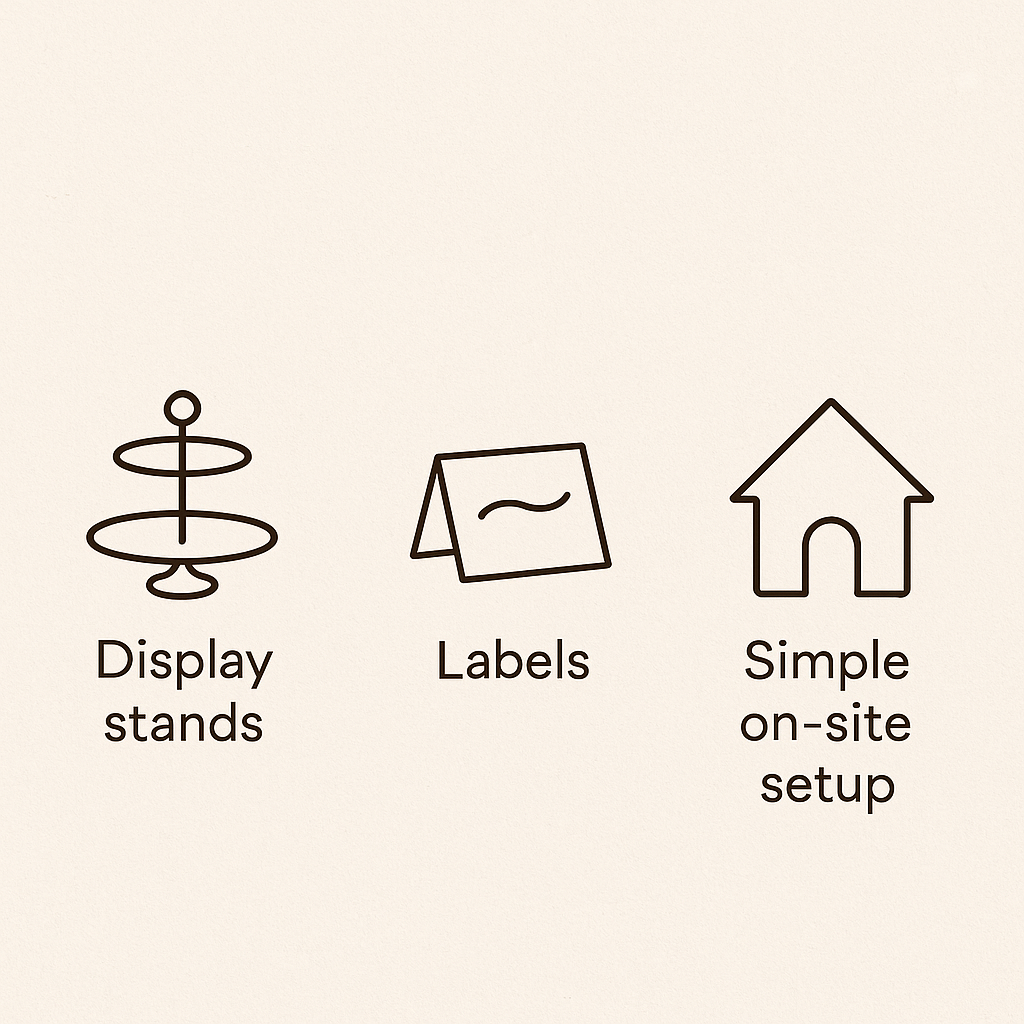 Catering add-ons like stands, labels, serving tongs