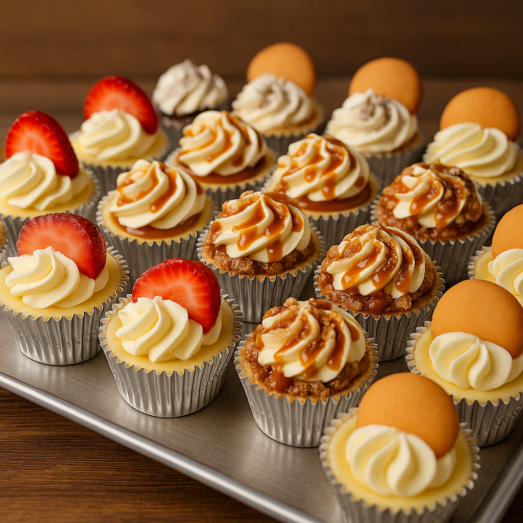 Cheesecake sampler tray with assorted toppings