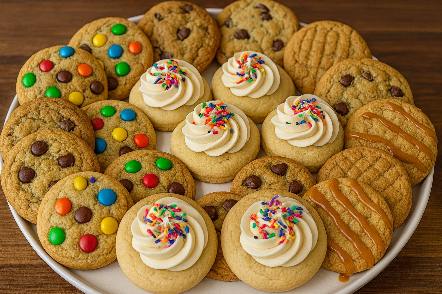 Overflowing cookie platter with chocolate chip and seasonal flavors